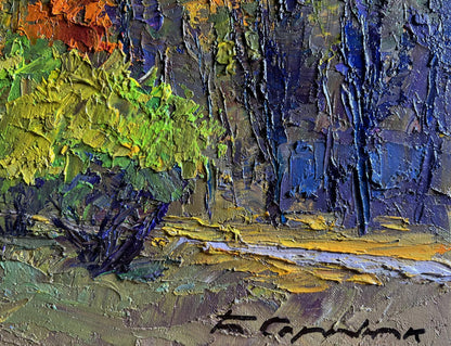 Oil painting of autumn city park by Boris Serdyuk, vibrant green tree in textured impasto