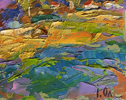 Vibrant textured oil painting with thick impasto layers of blues, greens, yellows, and purples.