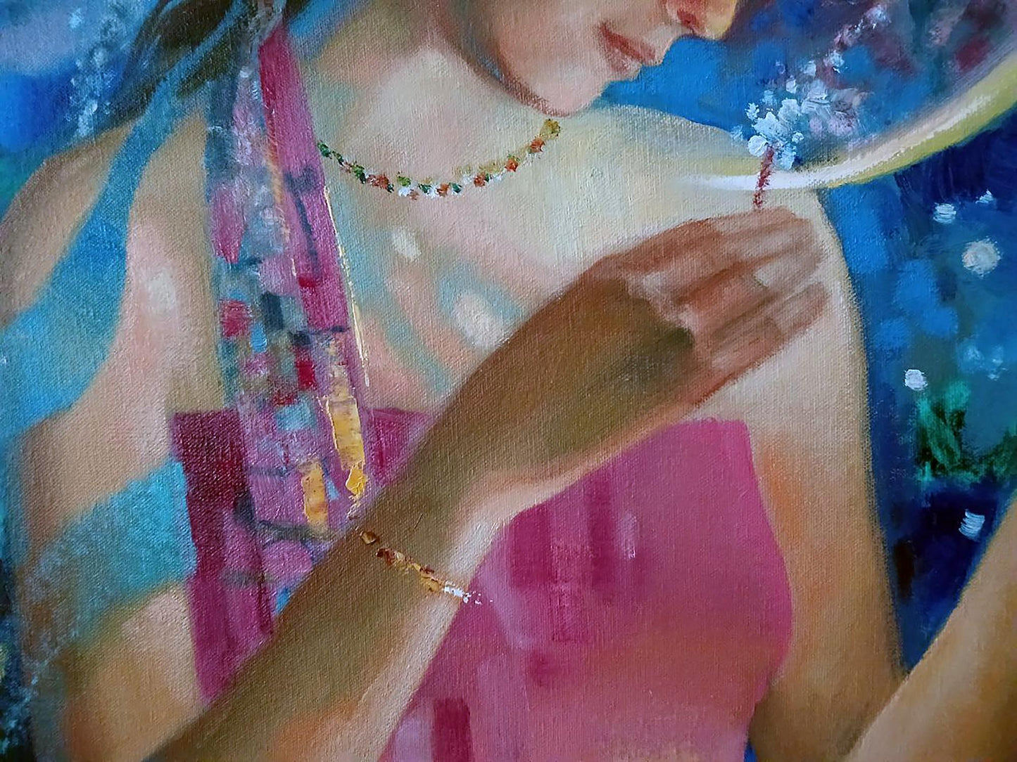 Woman in pink blue top with beaded necklace in Anatoly Tarabanov moon glow painting