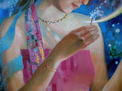 Woman in pink blue top with beaded necklace in Anatoly Tarabanov moon glow painting