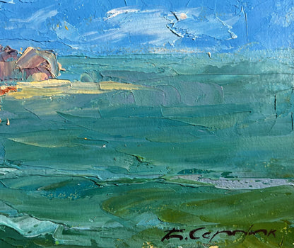 Oil painting Holidays at sea by Boris Serdyuk with blue sky and textured greens