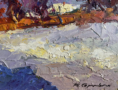 Sunny day in winter oil painting by Boris Serdyuk, textured impasto in earthy tones