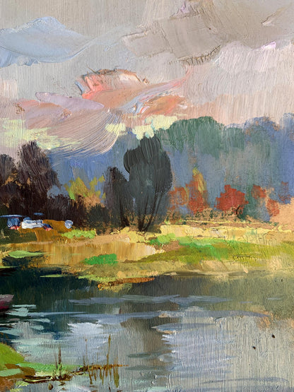 Textured impressionist oil painting of serene lake on Yuriy Suprunchuk river left bank