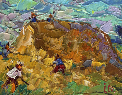 Vibrant impressionist oil painting by Oleksiy Ivanyuk of miners in field