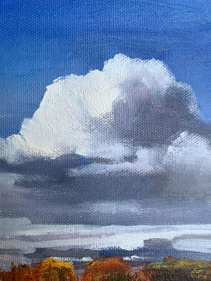 Oil painting Cloudy day Tatyana Derdey: dramatic white gray clouds blue sky autumn trees