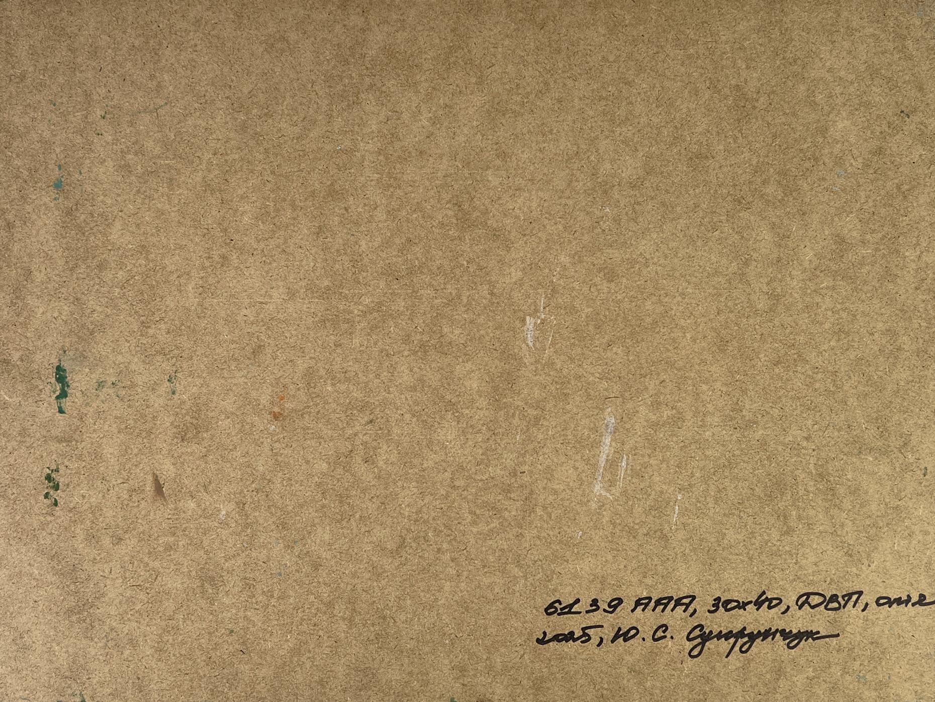 Back of Yuriy Suprunchuk oil painting Ships at the mountain with brown textured paper inscription