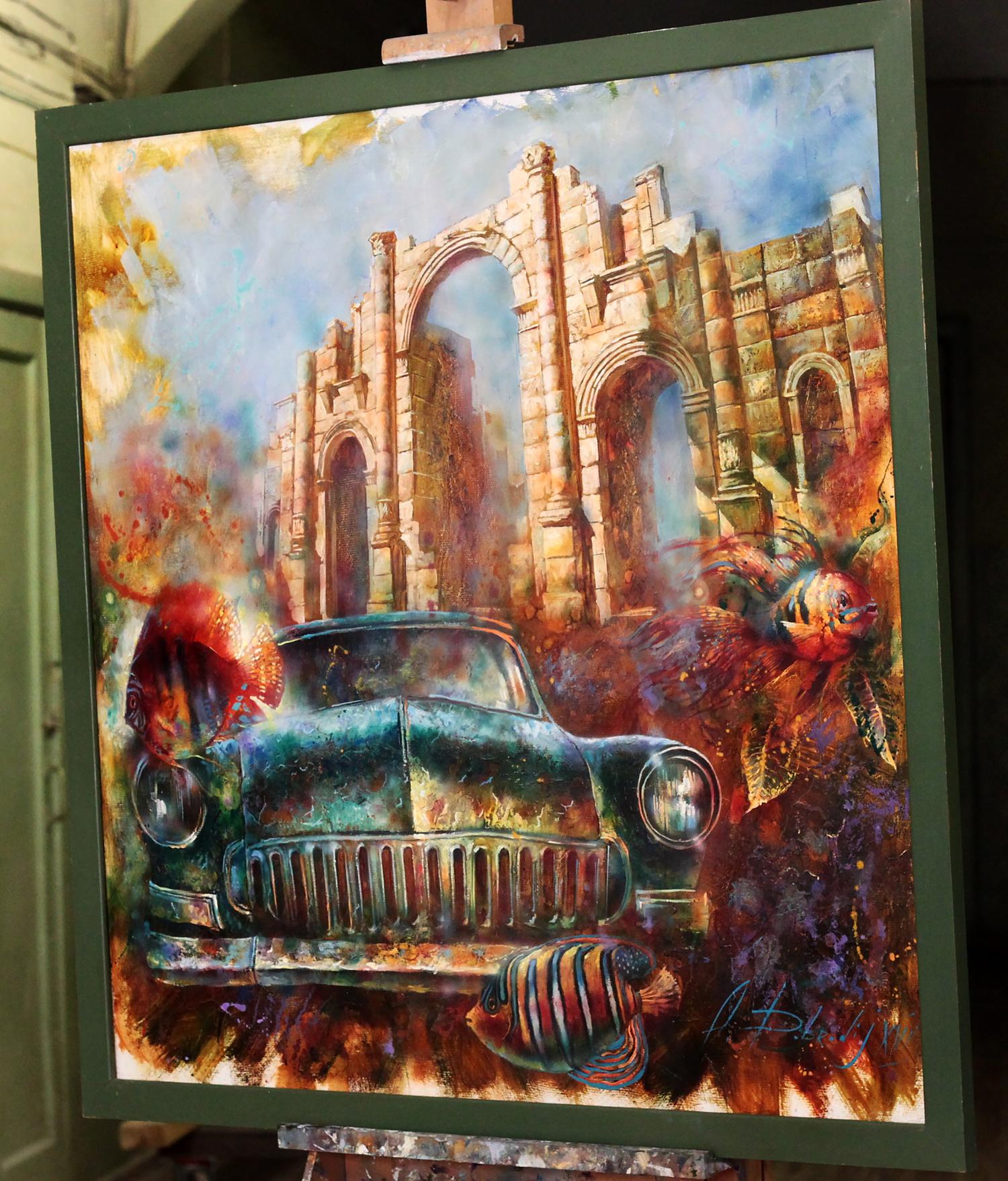 Oil painting Forgotten Motive by Alexander Dobrodiy: teal vintage car with fish under arches