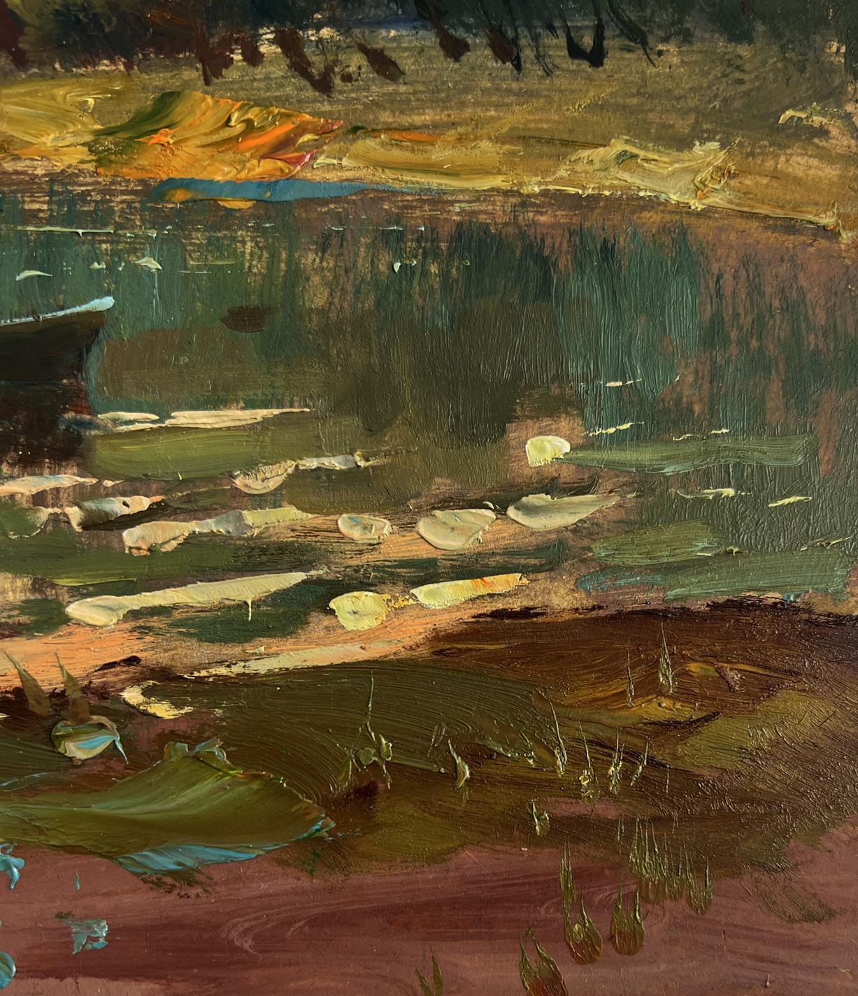 Impressionistic oil painting of orange sunset over river by Yuriy Suprunchuk