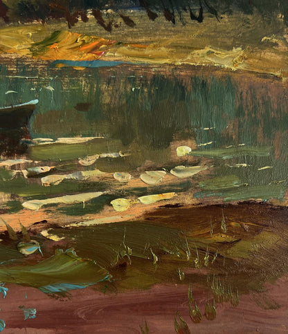 Impressionistic oil painting of orange sunset over river by Yuriy Suprunchuk