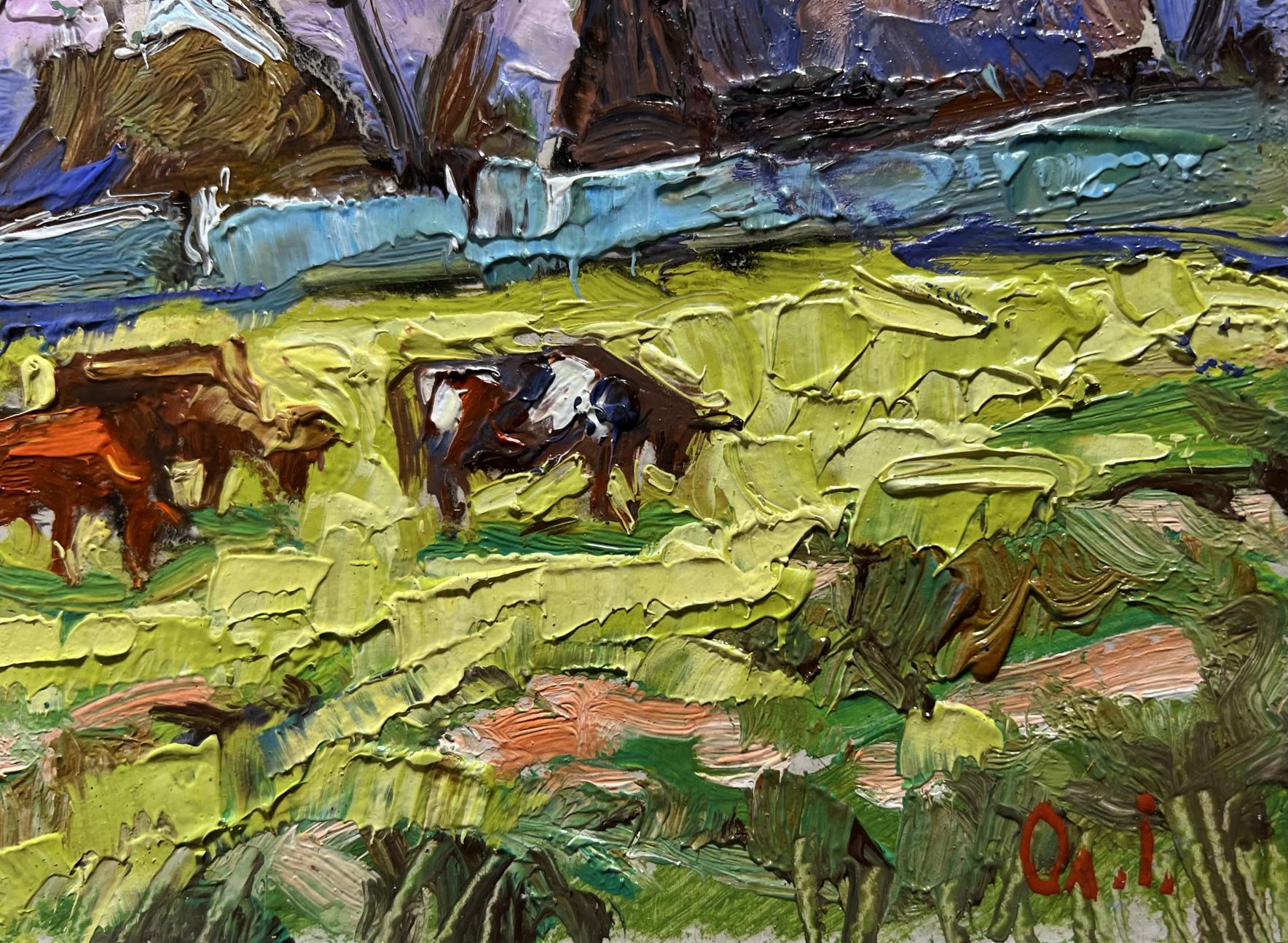 Oil painting Cows on a green field by Oleksiy Ivanyuk, impressionist cows grazing