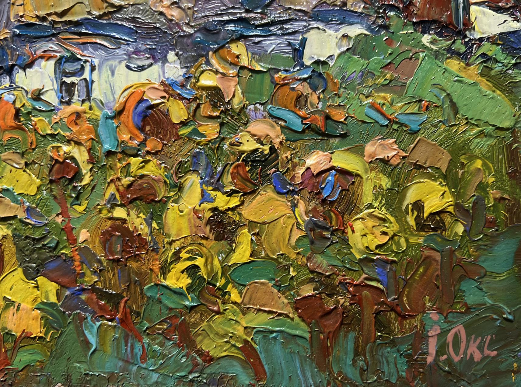 Vibrant impressionist oil painting of cozy village life by Oksana Ivanyuk
