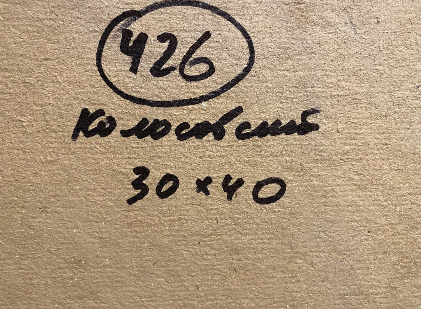 Back of Oil painting Young days Georgy Kolosovsky: handwritten label 426, 30x40in