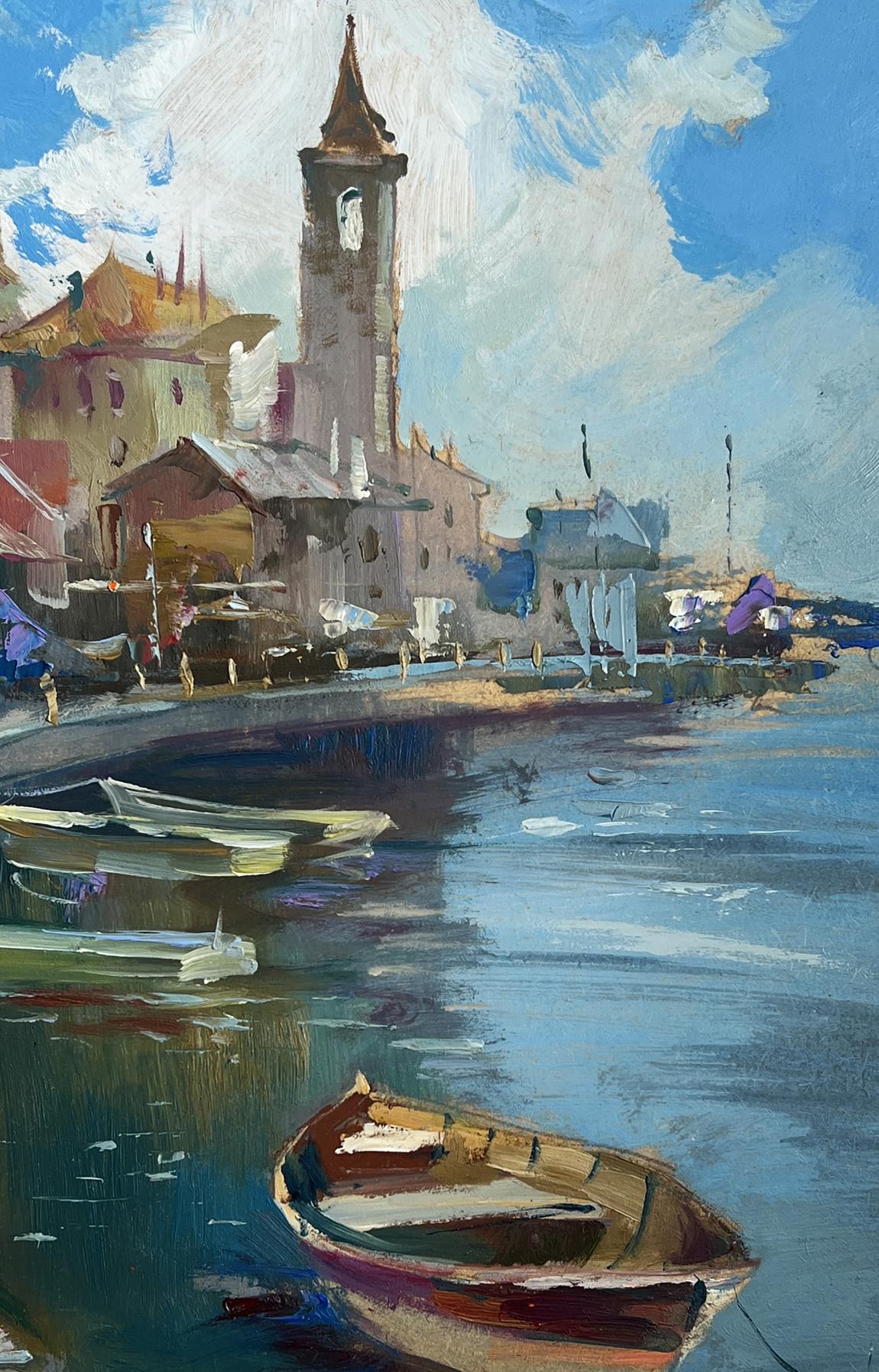 Oil painting of rustic rowboat by Yuriy Suprunchuk in busy city port