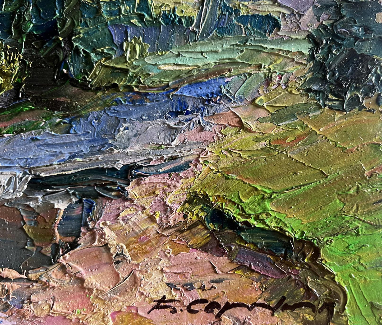Oil painting Houses in the mountains by Boris Serdyuk, textured green blue tones