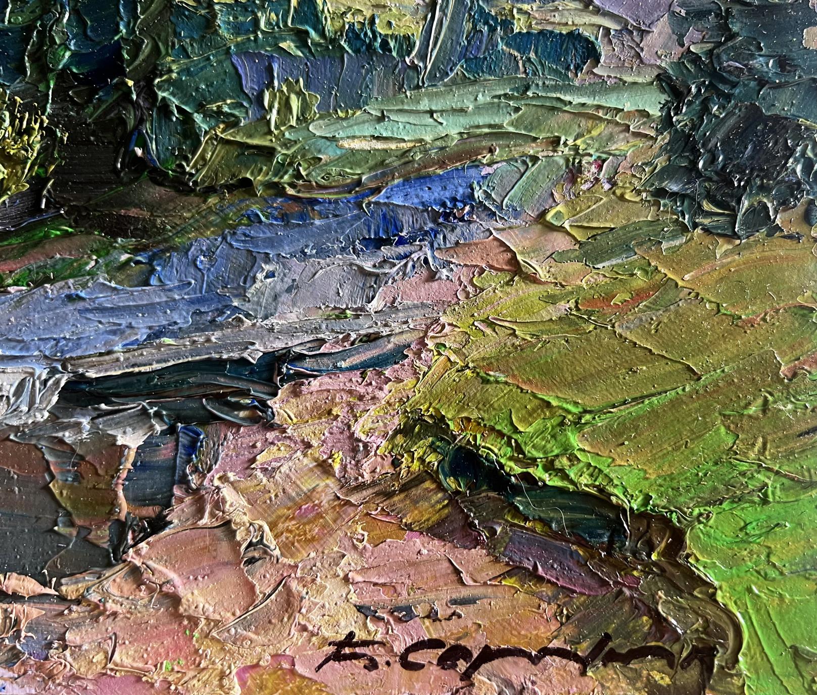 Oil painting Houses in the mountains by Boris Serdyuk, textured green blue tones