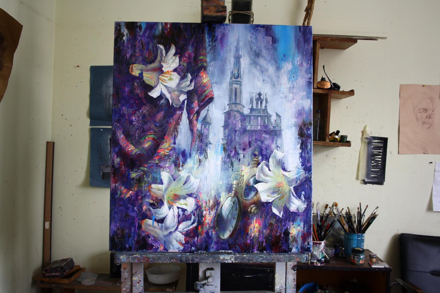 Oil painting Tales of the Old Town by Alexander Dobrodiy with lilies and cathedral
