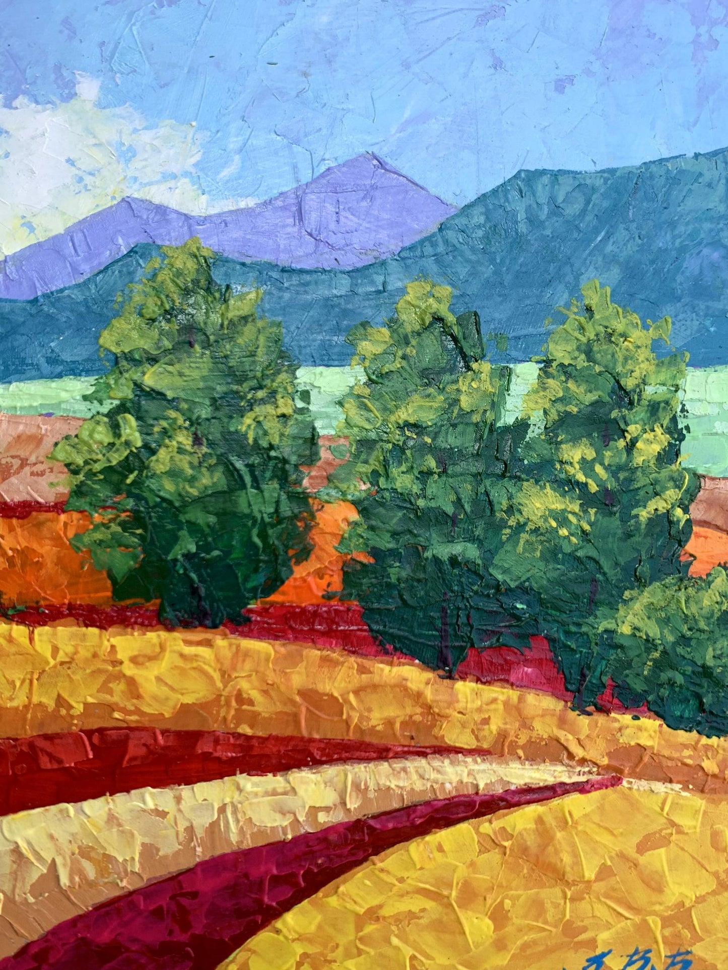 V. Zadorozhnya oil painting: vibrant impressionist sunny day in mountains