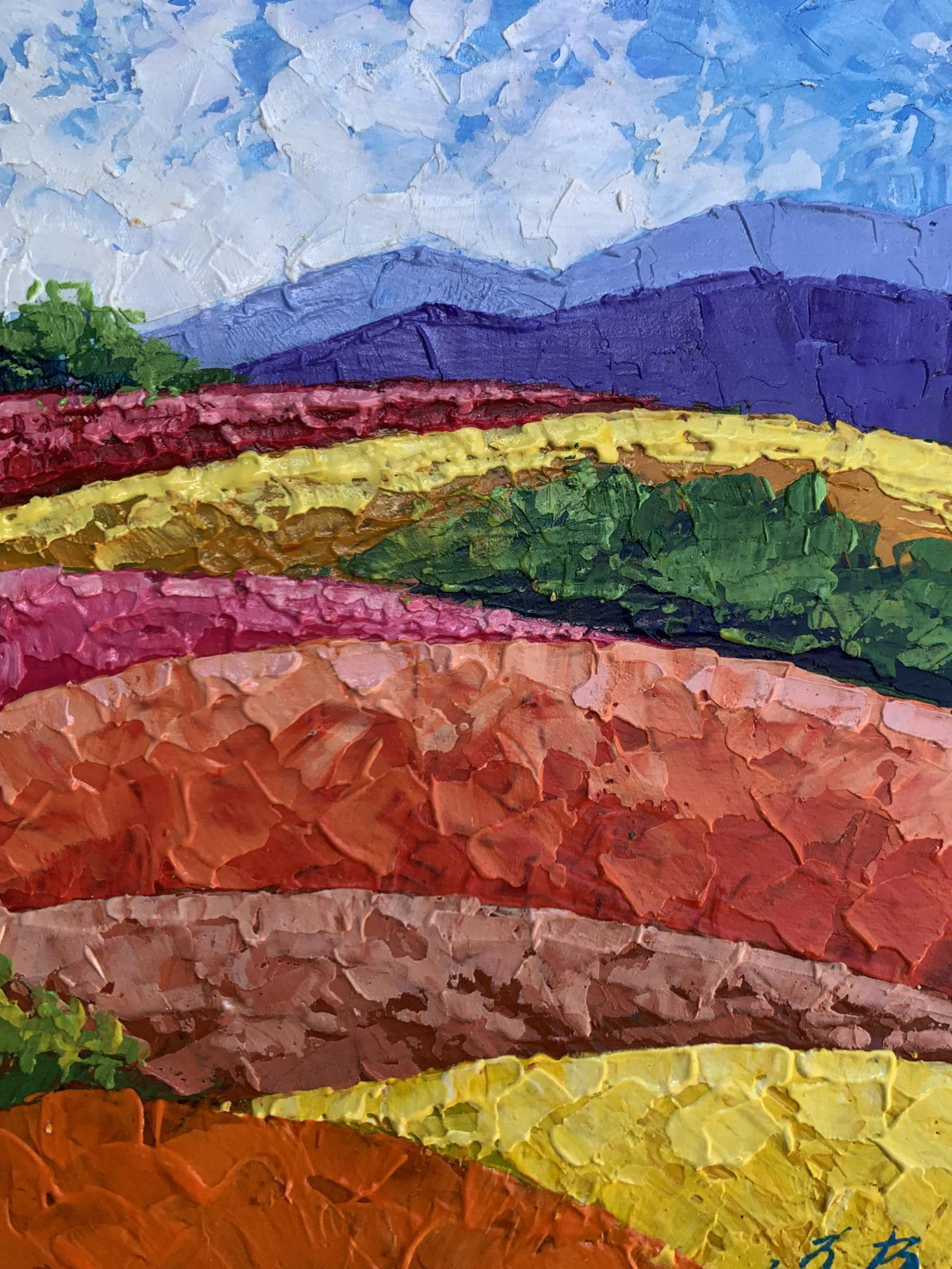 Vibrant oil painting of striped fields and mountains by V. Zadorozhnya