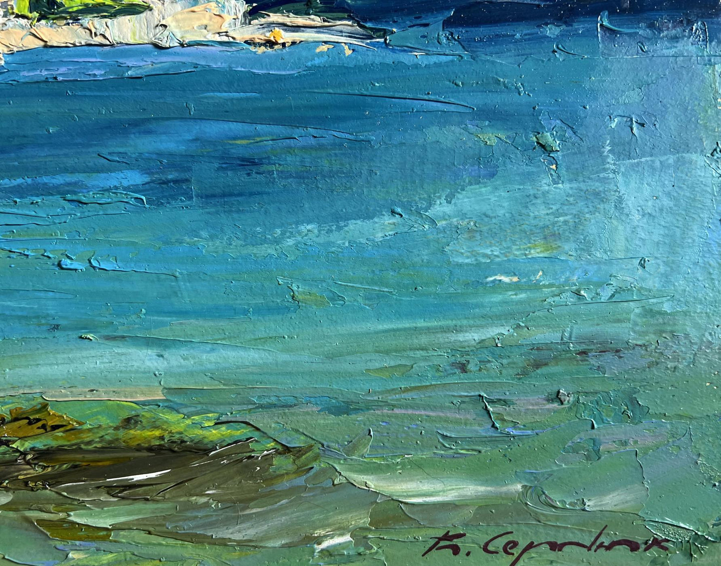 Oil painting Sea and mountains by Boris Serdyuk, tranquil blue-green water scene
