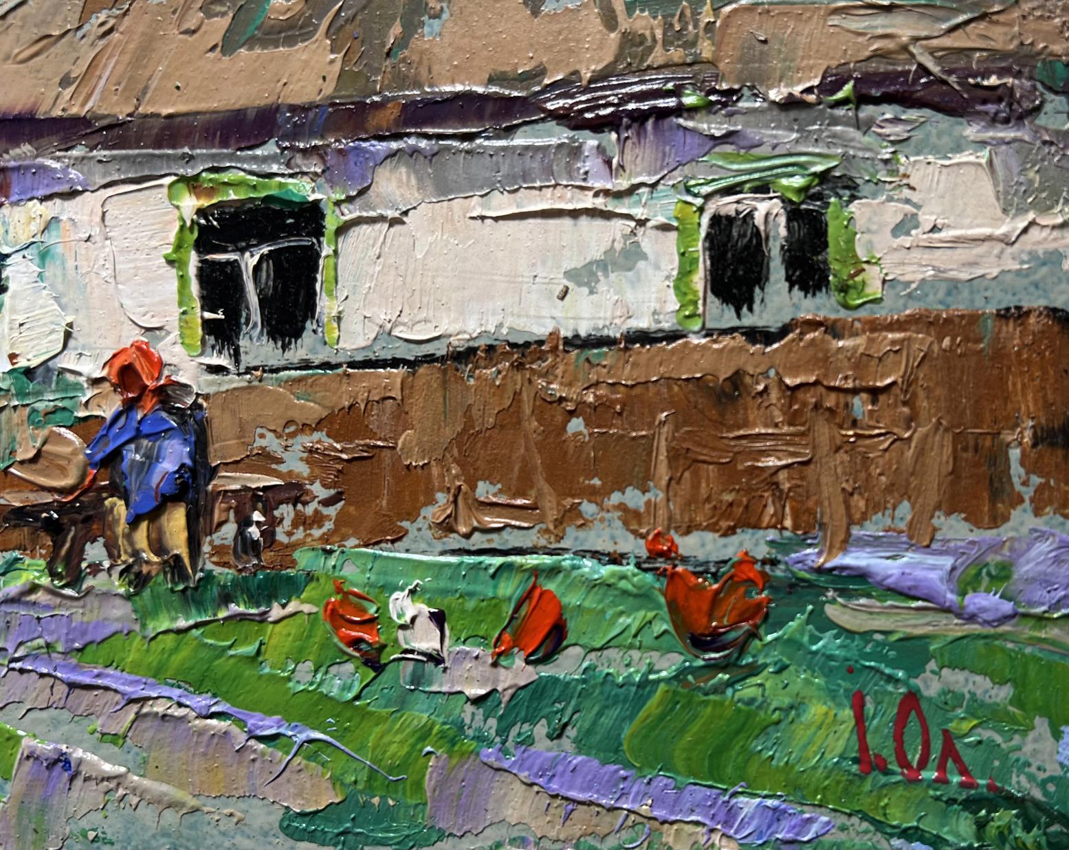 Impasto oil painting of rustic farmhouse with grandma on bench by Oleksiy Ivanyuk