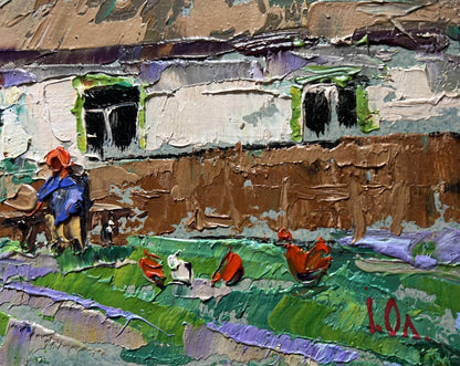 Impasto oil painting of rustic farmhouse with grandma on bench by Oleksiy Ivanyuk