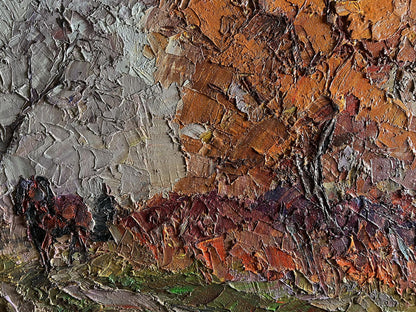 Textured oil painting of dark horse walking path by Boris Serdyuk