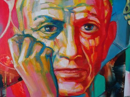 Vibrant abstract oil portrait of Picasso in thought by Anatoly Tarabanov