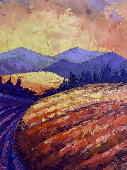 Oil painting Mountain Sunset V. Zadorozhnya vibrant textured mountains