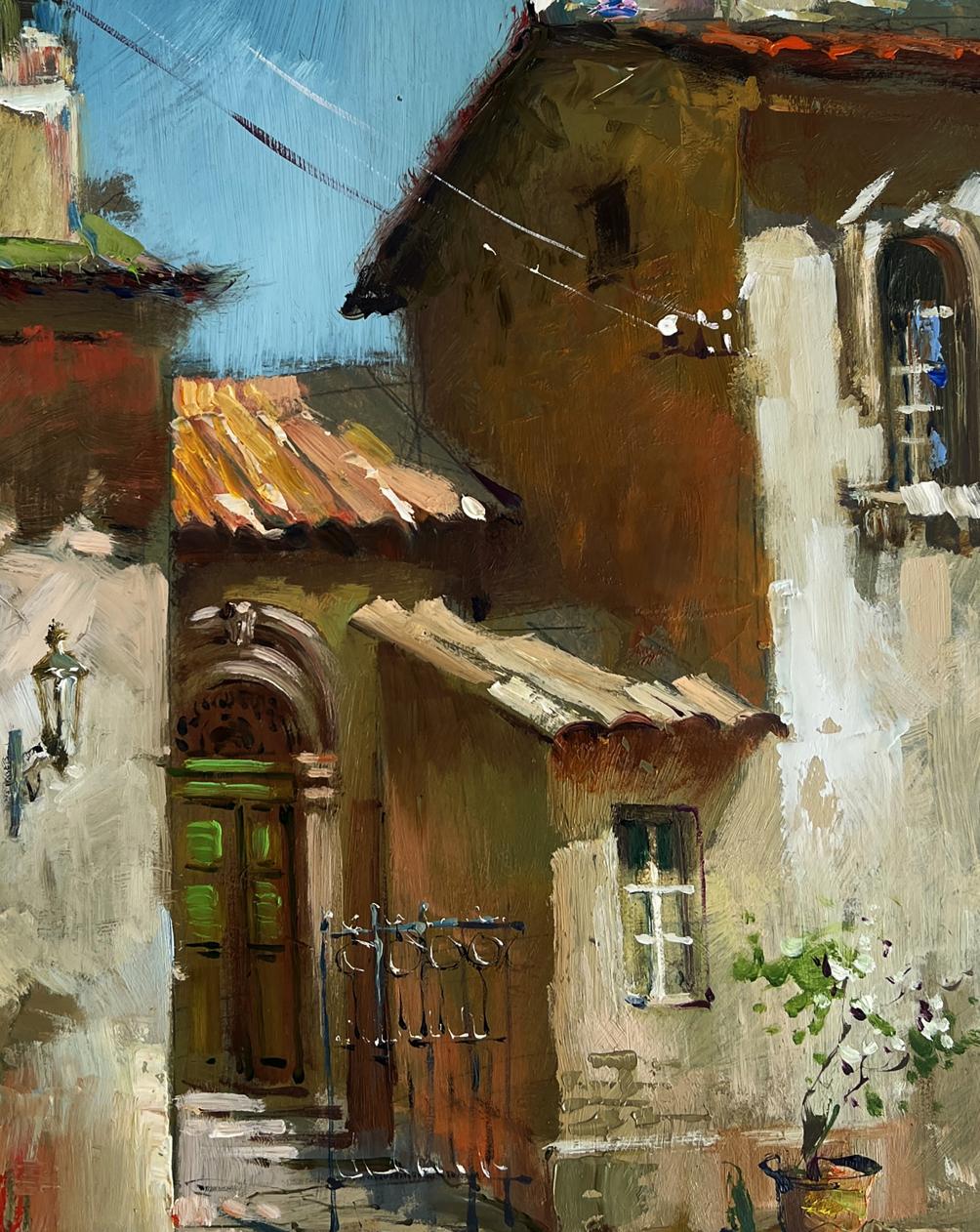 Oil painting of rustic arched green door on old city house by Yuriy Suprunchuk