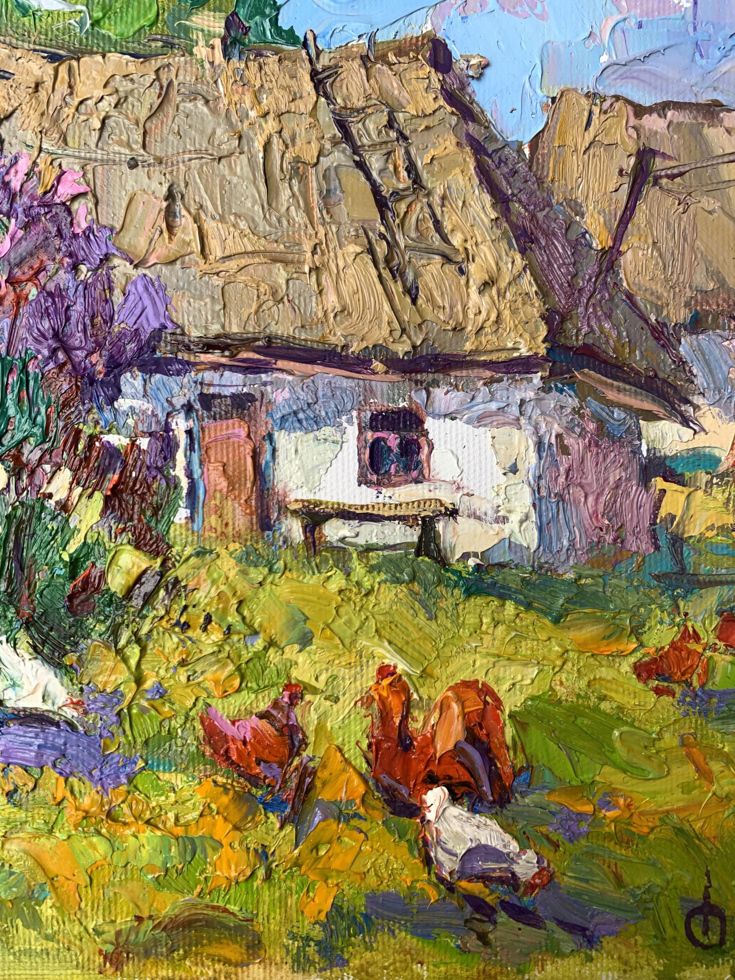 Oil painting by Oksana Ivanyuk: rustic white cottage with thatched roof amid flowers