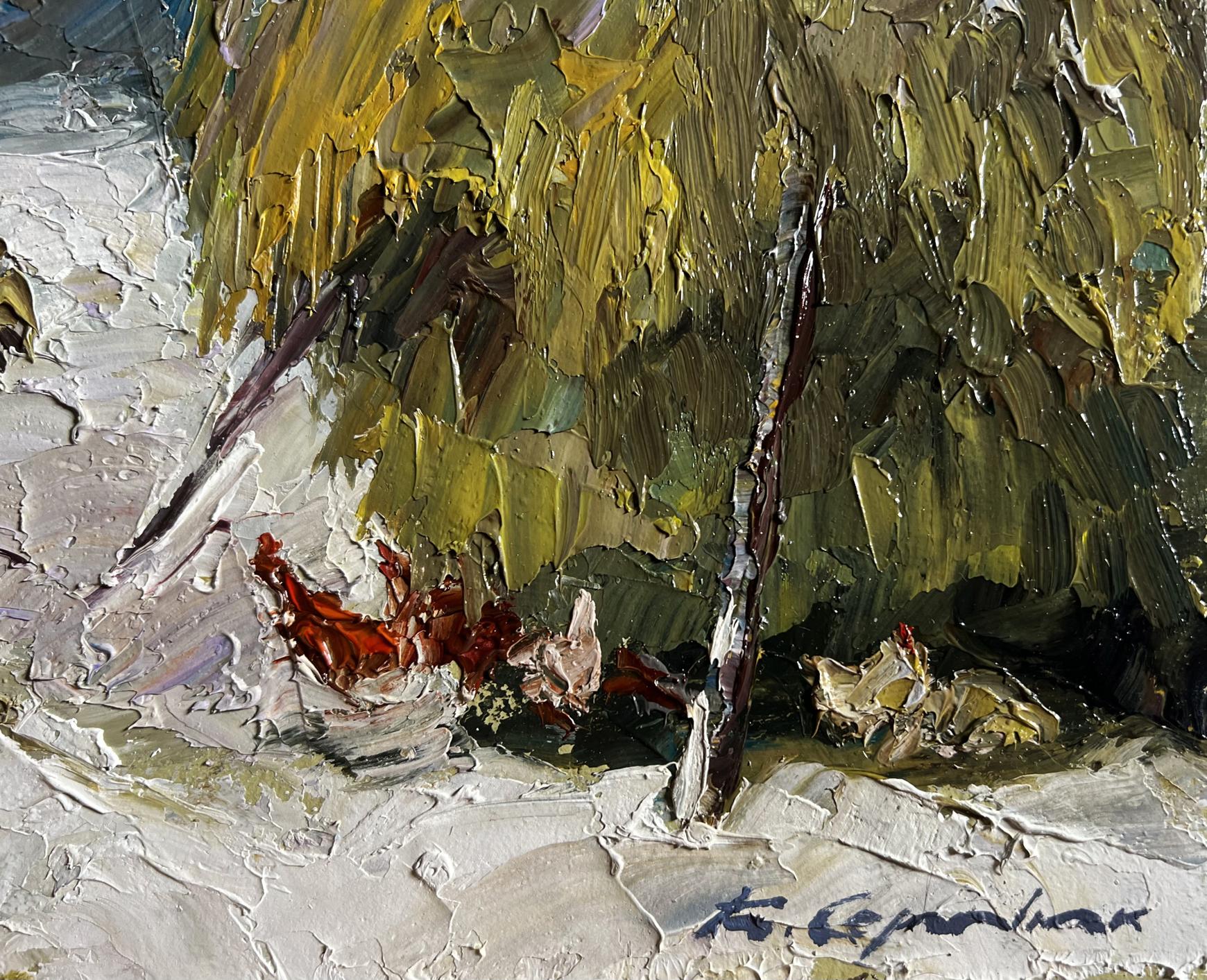 Oil painting Winter bustle in the yard by Boris Serdyuk, textured tree foliage
