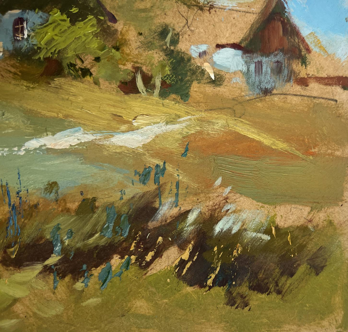 Oil painting of rustic thatched cottage, village, church by Yuriy Suprunchuk