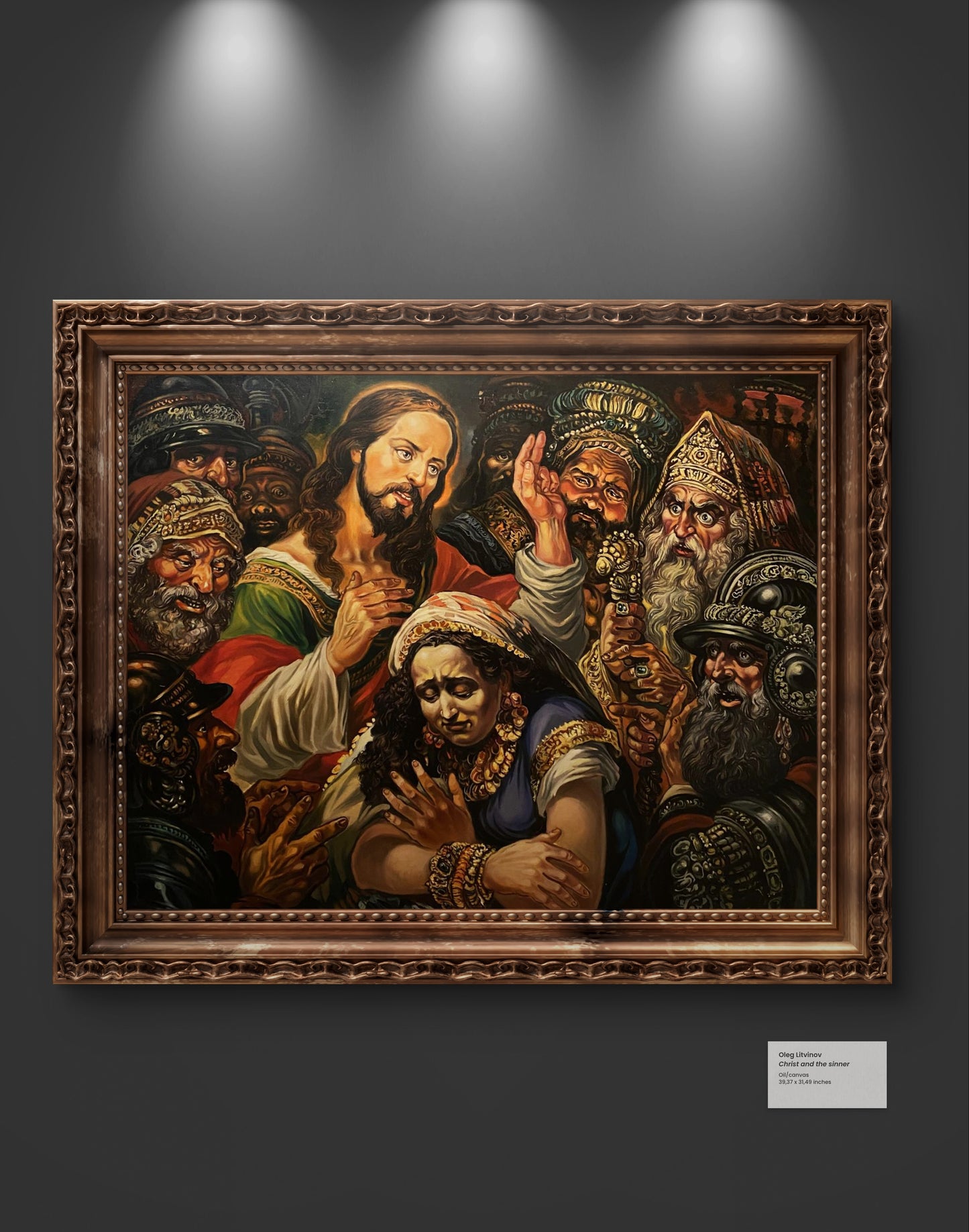 Oil painting of Christ and the sinner by Litvinov in ornate frame