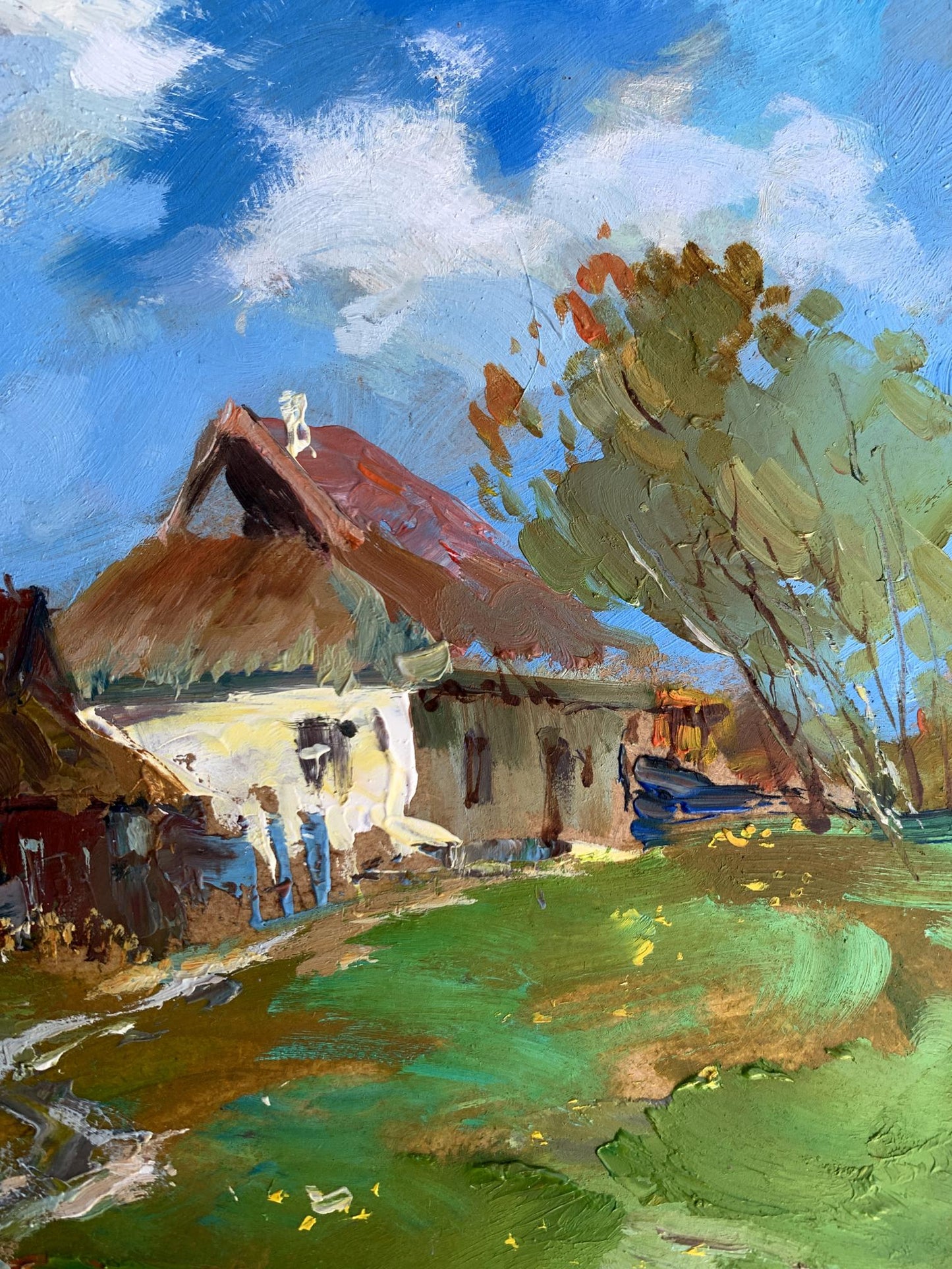 Oil painting of rustic thatched-roof village house by Yuriy Suprunchuk