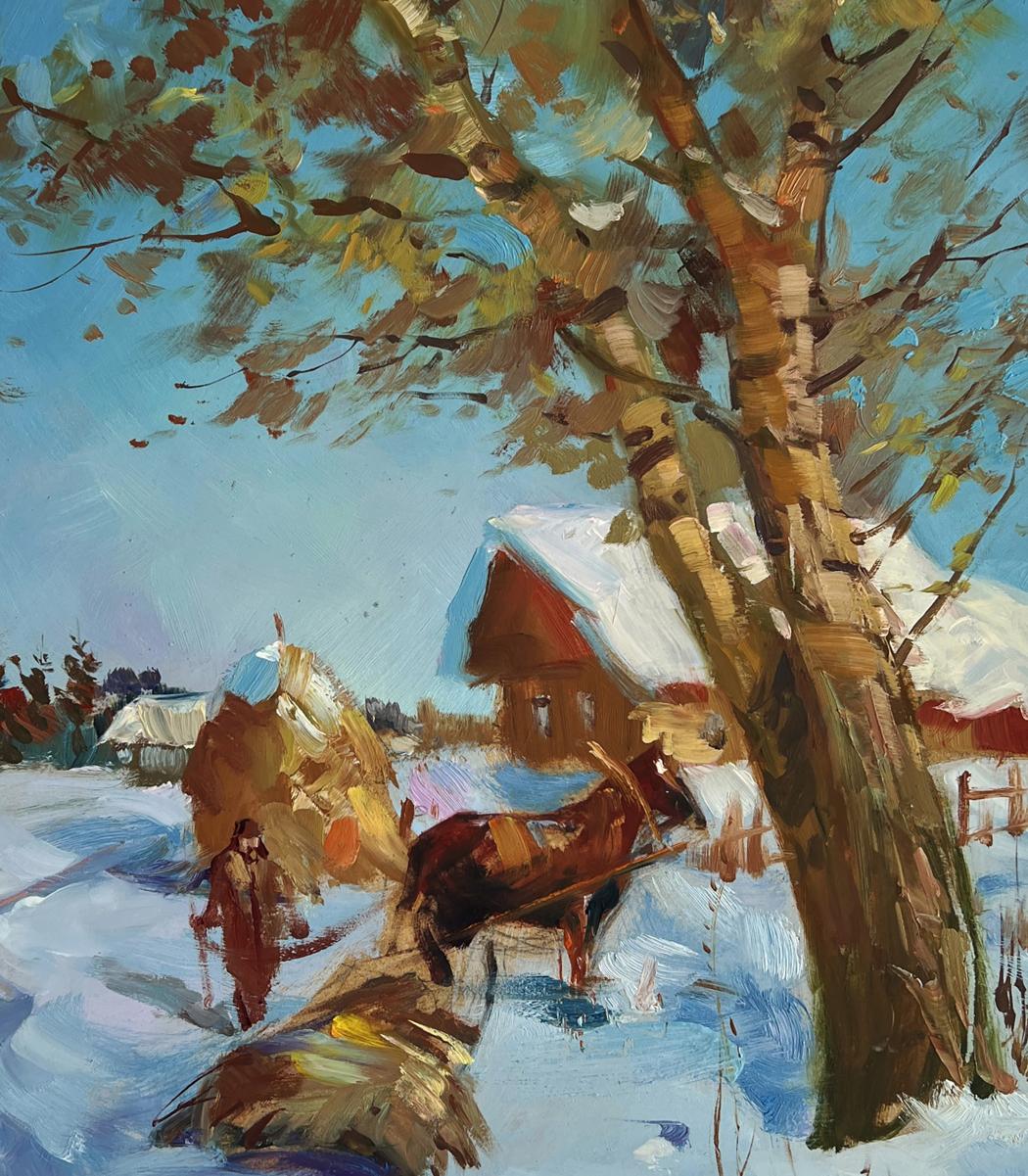 Rustic impressionistic oil painting of winter birch tree by Yuriy Suprunchuk