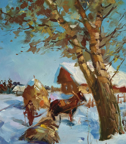 Rustic impressionistic oil painting of winter birch tree by Yuriy Suprunchuk