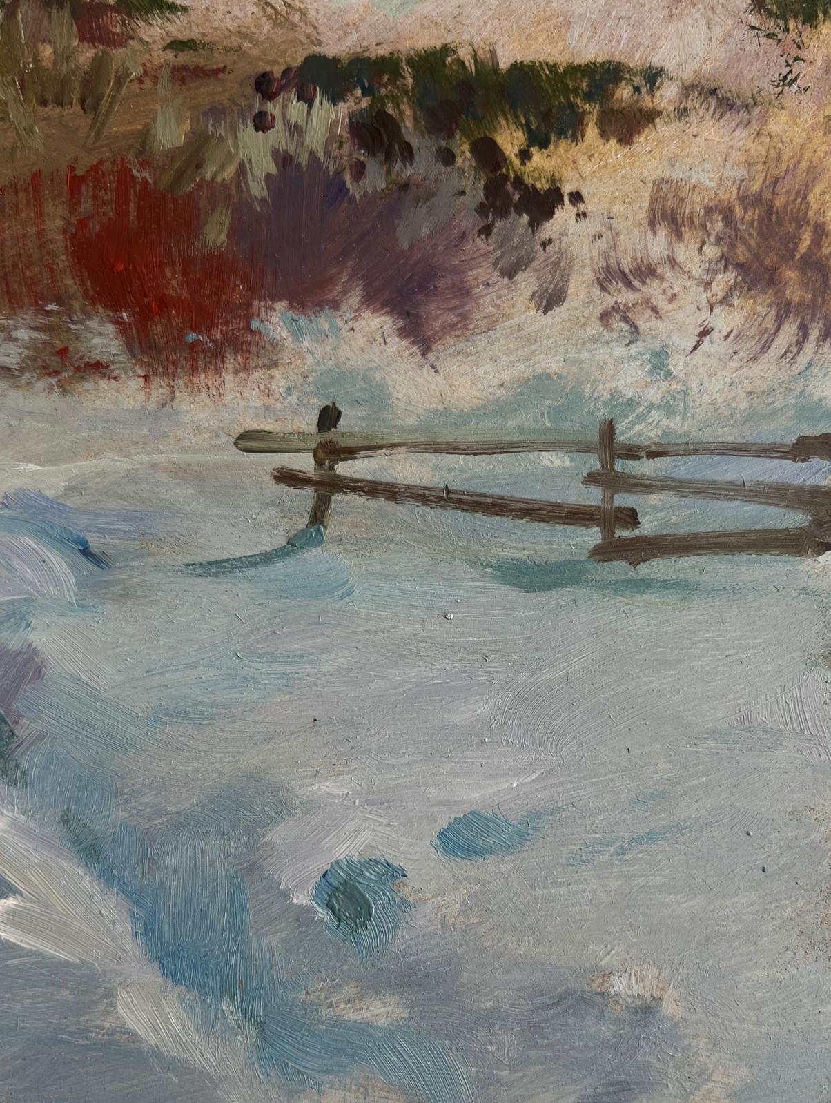Oil painting Country winter evening by Yuriy Suprunchuk rustic fence