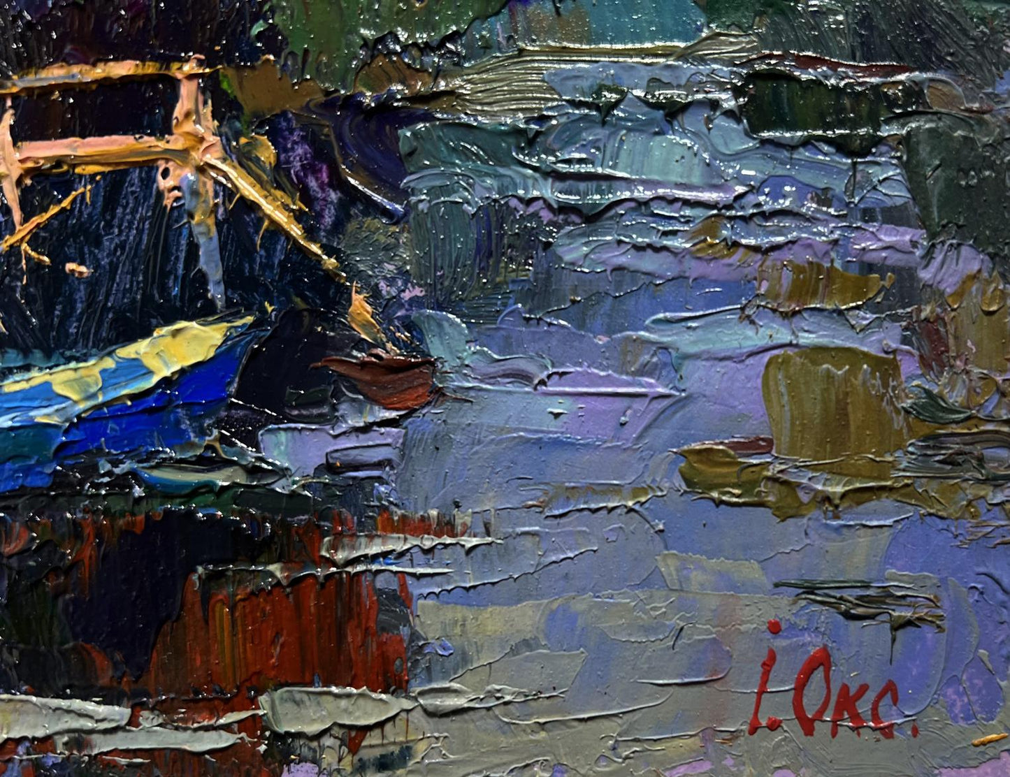 Oil painting People on the pier by Oksana Ivanyuk textured impasto blues