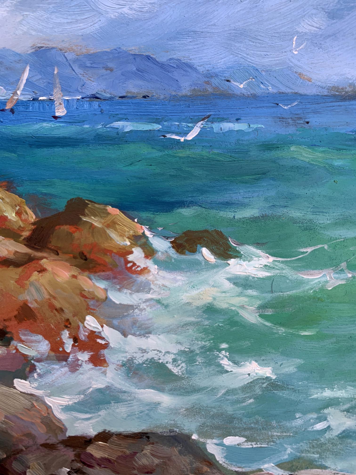 Vibrant oil painting by Yuriy Suprunchuk of turquoise waves crashing on rocks