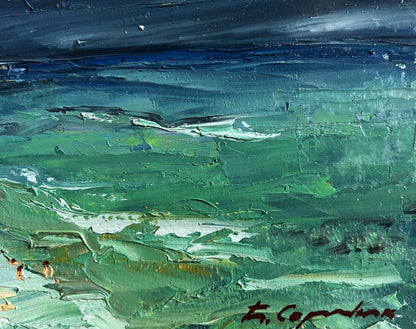 Textured oil painting of people on the beach by Boris Serdyuk in teal and green