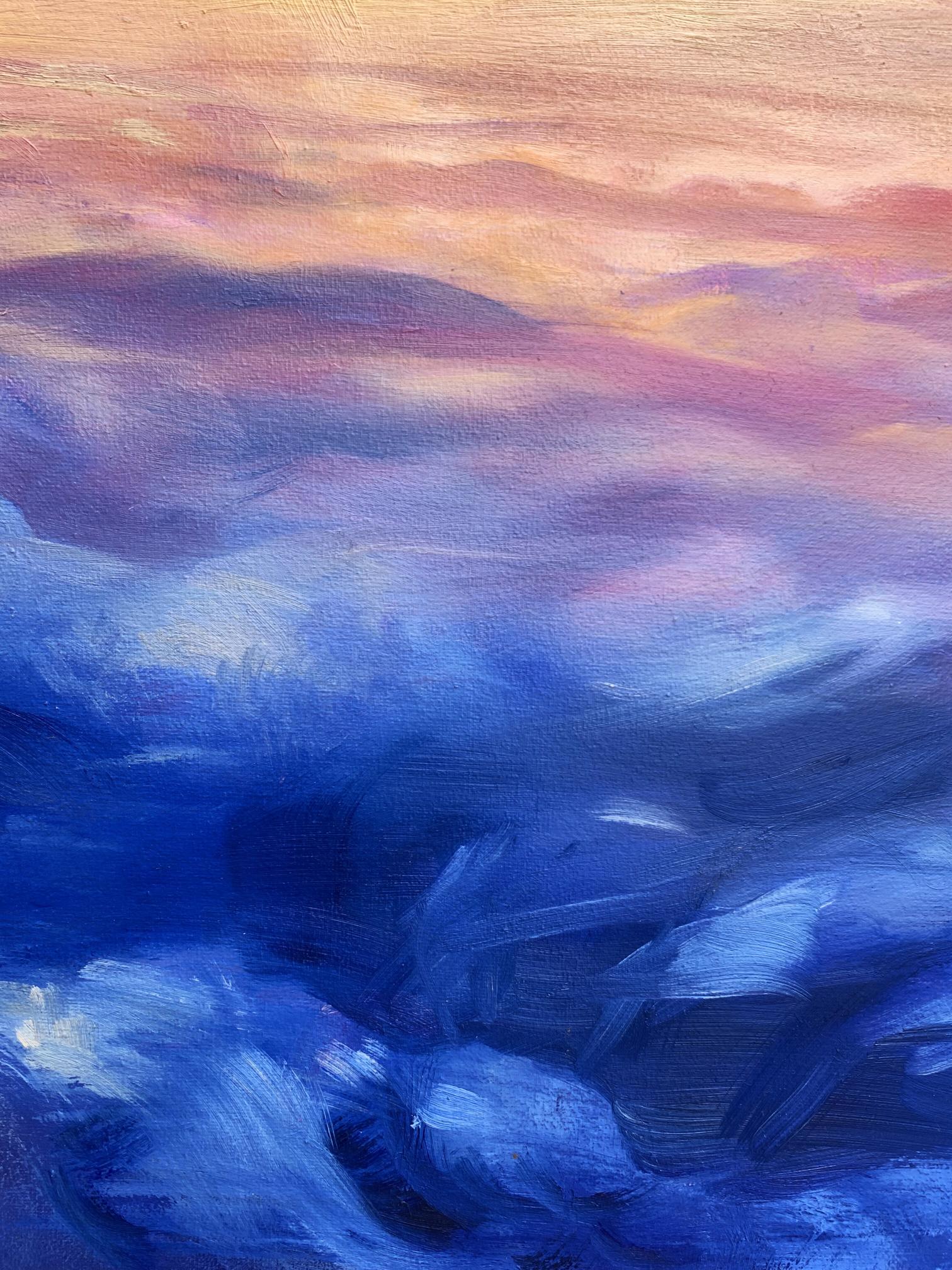 Oil painting Soaring in the Clouds by Tatyana Derdey, gradient peach to blue sky