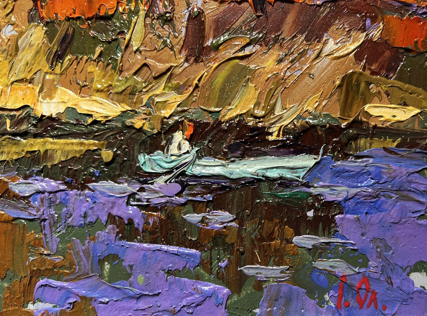 Oil painting Fishing in autumns by Oleksiy Ivanyuk: white boat, orange figure