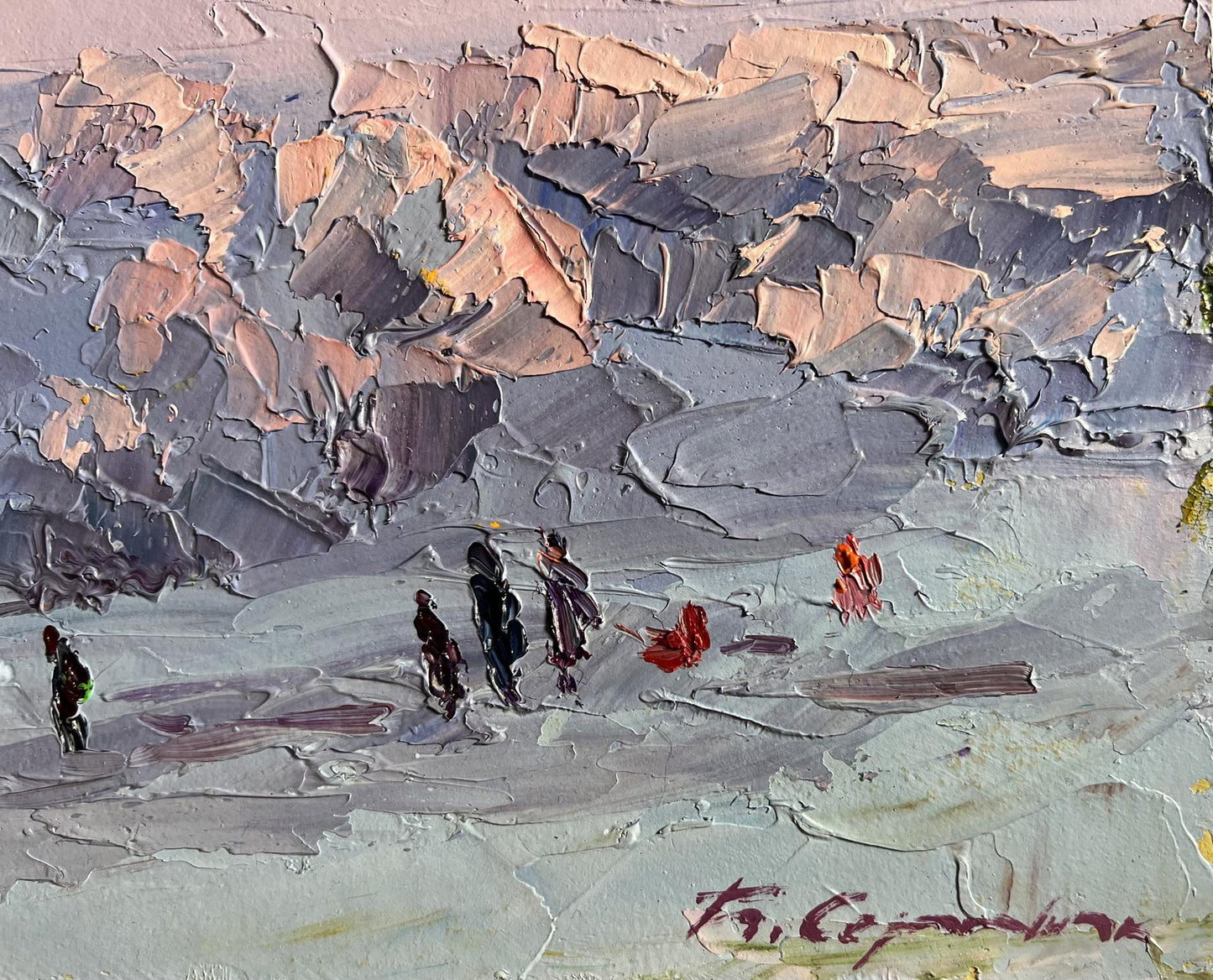 Impressionistic oil painting by Boris Serdyuk: figures walking on frosty day
