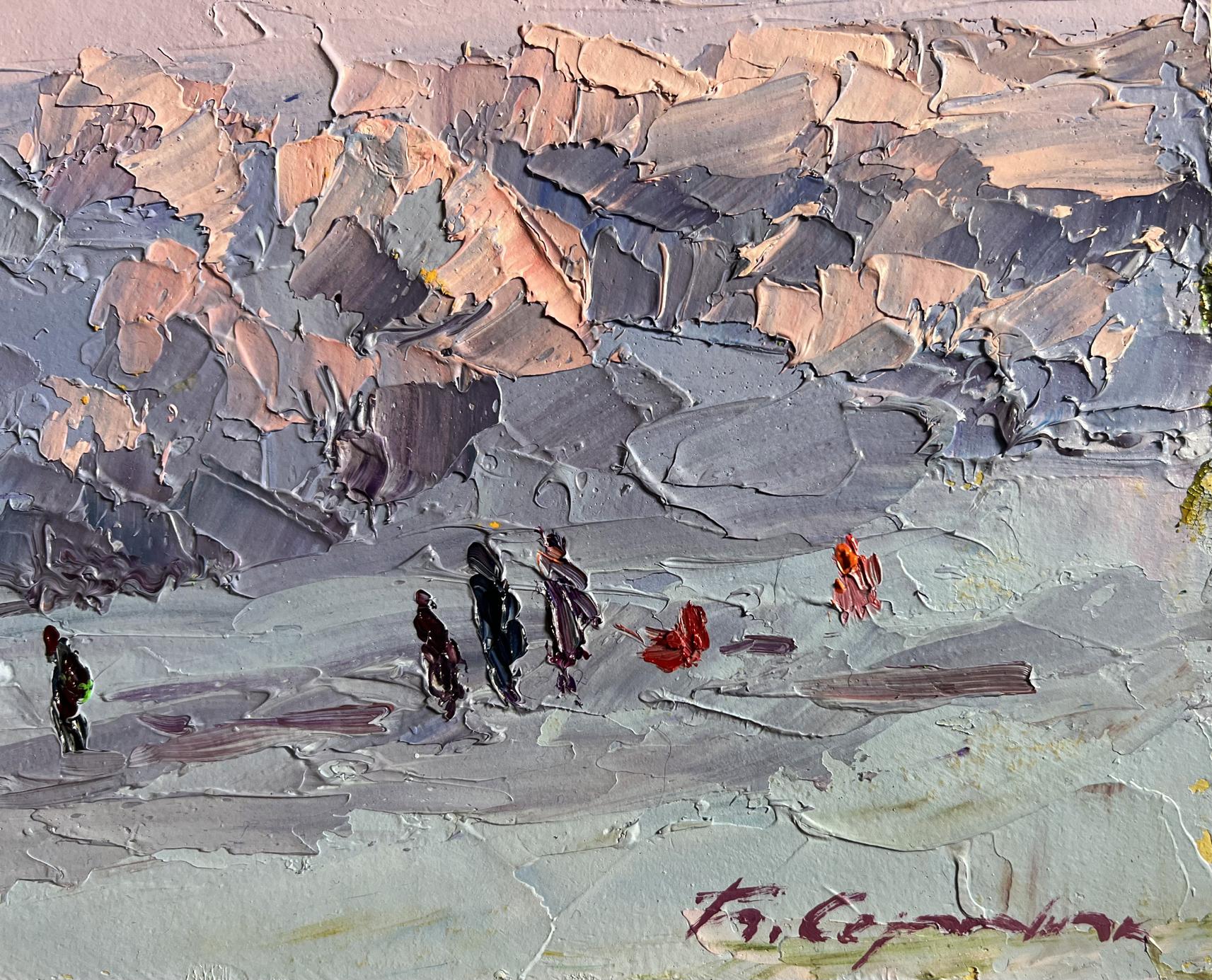 Impressionistic oil painting by Boris Serdyuk: figures walking on frosty day