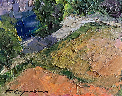 Oil painting Summer day in the city by Boris Serdyuk, textured greens and blues