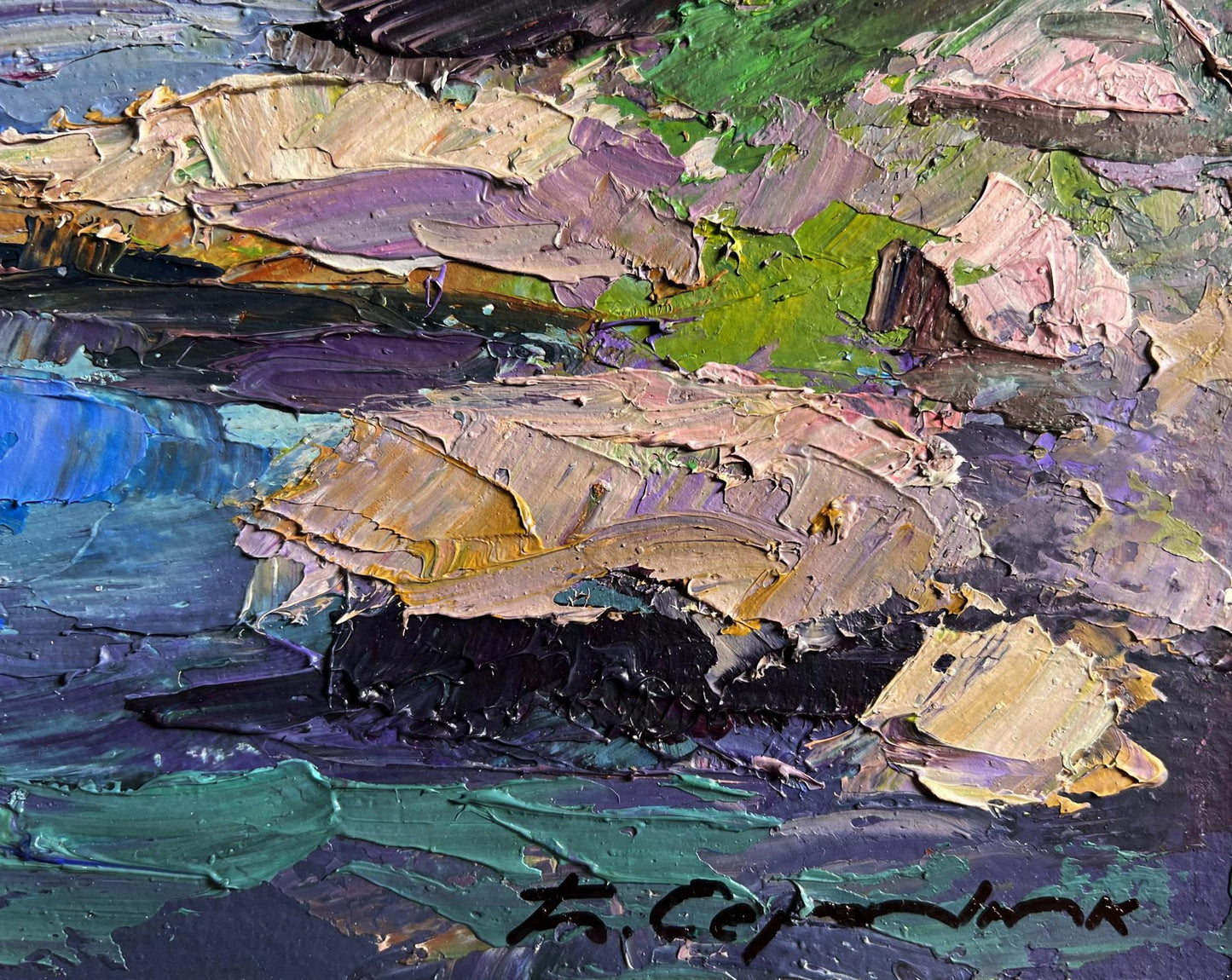 Oil painting Stone Coast by Boris Serdyuk in vibrant purples and greens