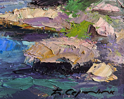 Oil painting Stone Coast by Boris Serdyuk in vibrant purples and greens