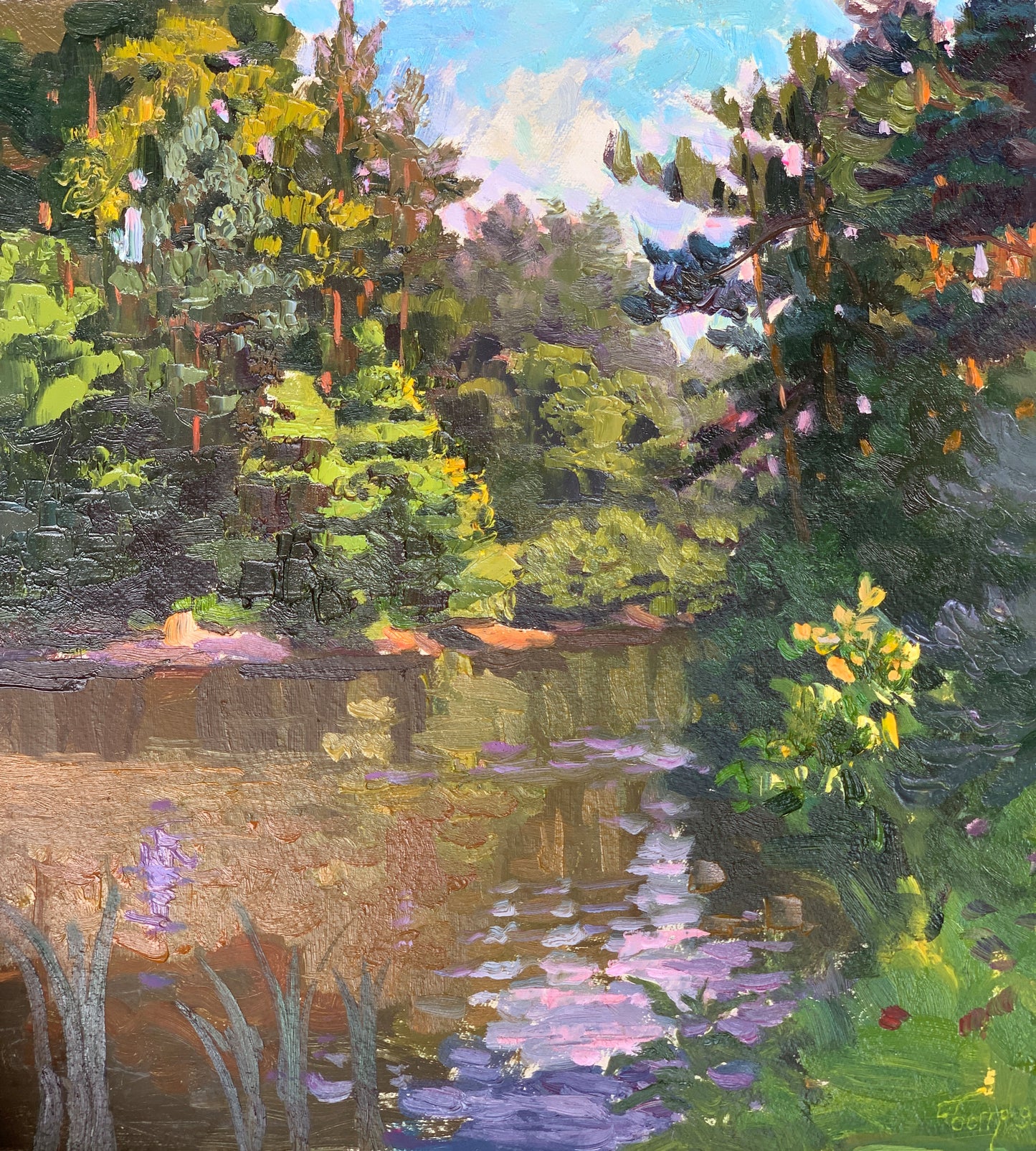 Vibrant impressionist forest stream painting by Vladimir Batrakov