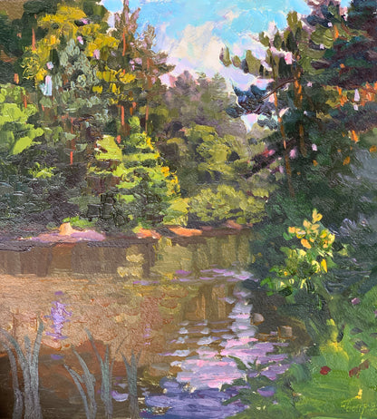 Vibrant impressionist forest stream painting by Vladimir Batrakov