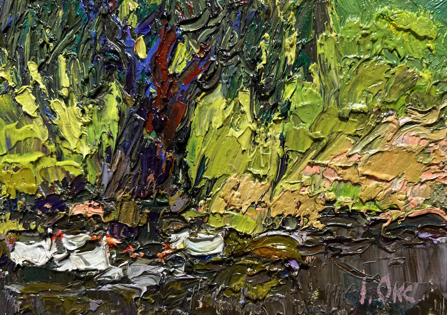 Vibrant impressionist oil painting The ducks hid near the tree by Oksana Ivanyuk